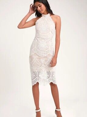 Lulu's White Lace Halter Midi Wedding Shower Dress
